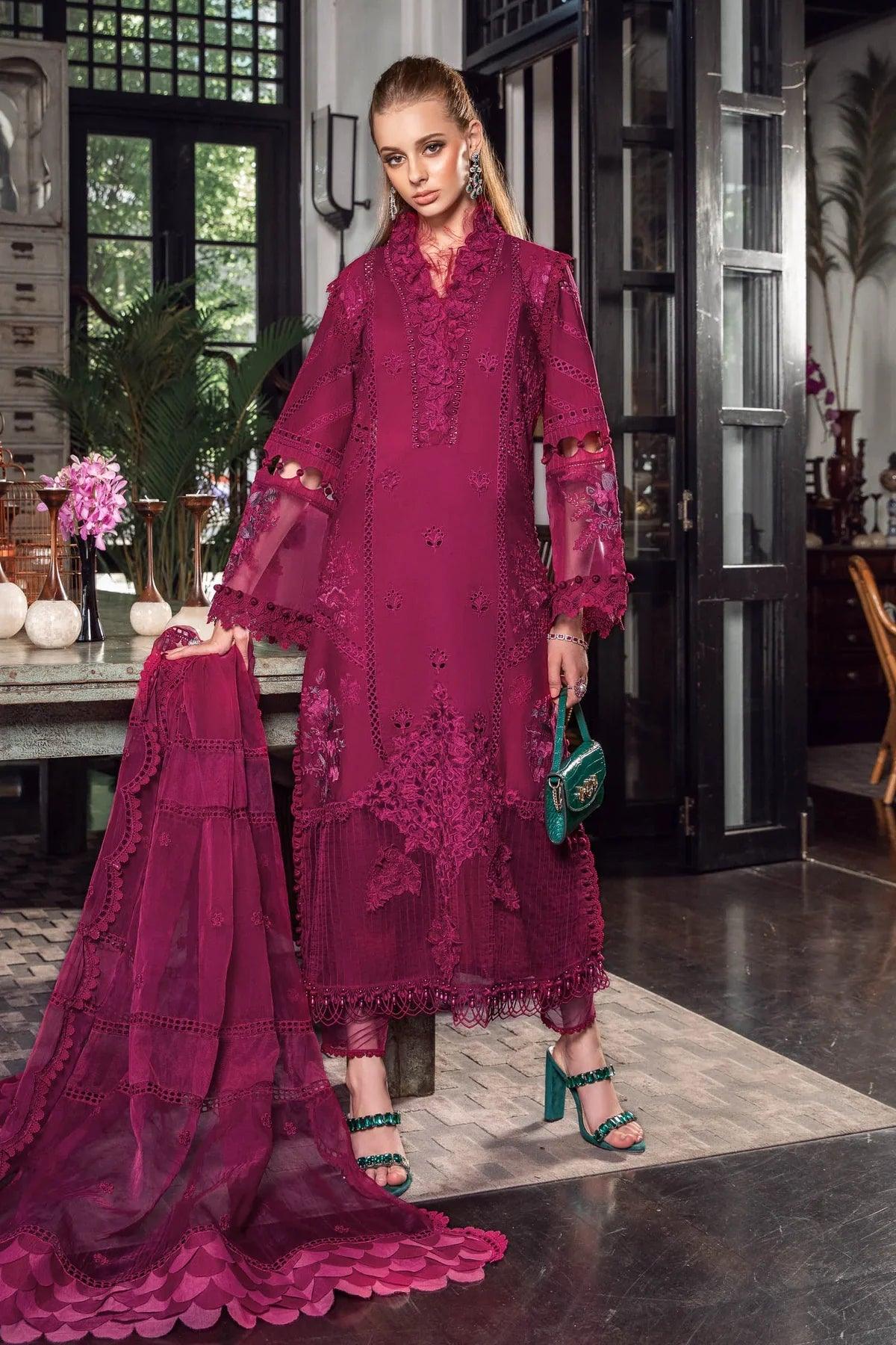 Maria.B Luxury Eid Lawn Unstitched Embroidered 3Pc Suit EL-23-09-Magenta - Yumnaz
