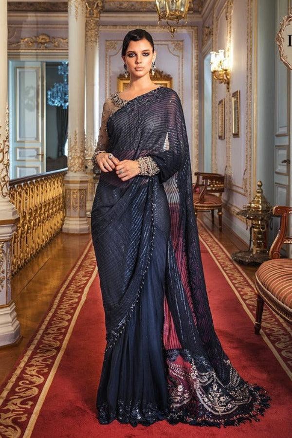 Maria.B Embroidered Chiffon Unstitched Saree D-04 - Wedding Collection Ink Blue and Coffee BDS-2004 - Yumnaz